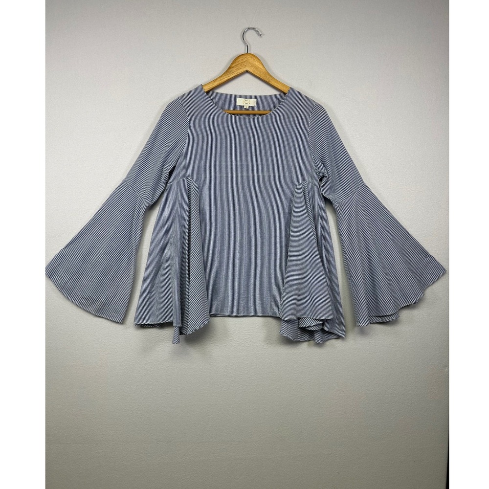 Coastal Boho JCL Women M Blue White Striped Bell Sleeve Peplum Blouse Top